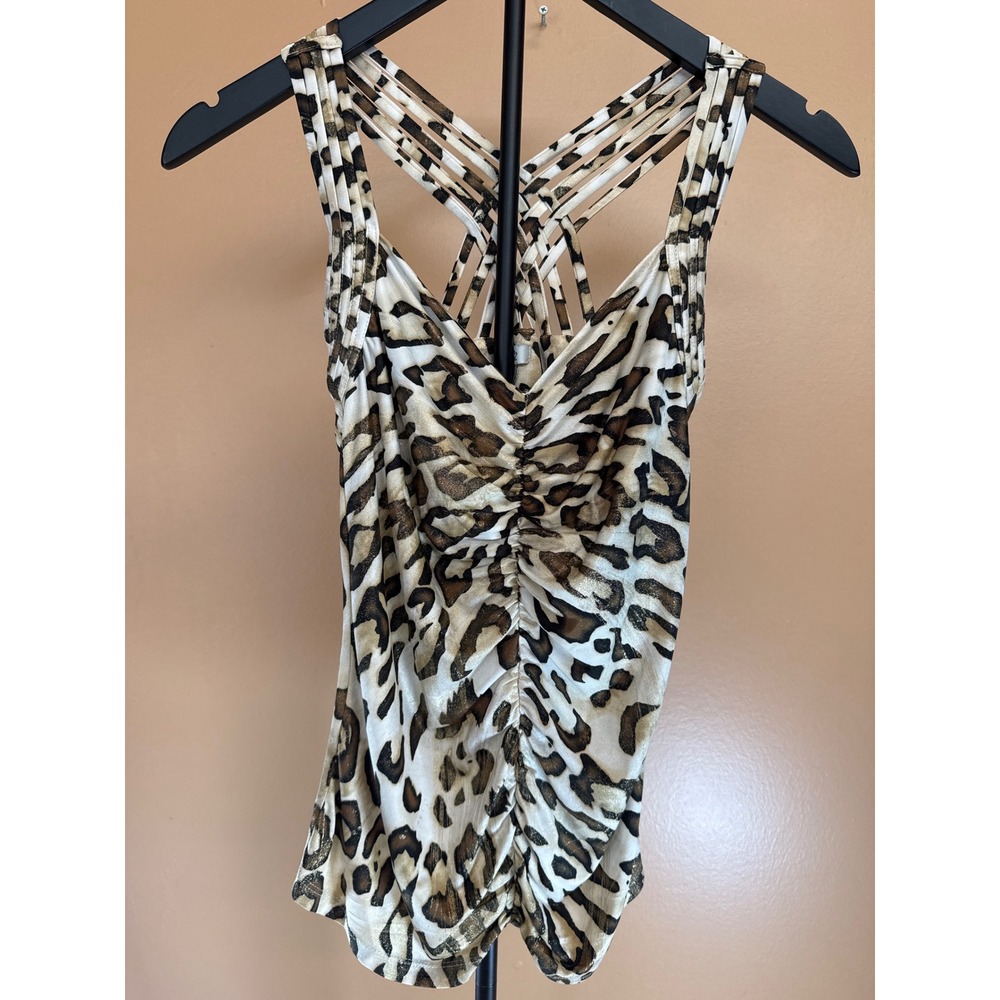 Cache Leopard Print Metallic Gold Ruched Cage Back‎ Tank Top XS Animal Print
